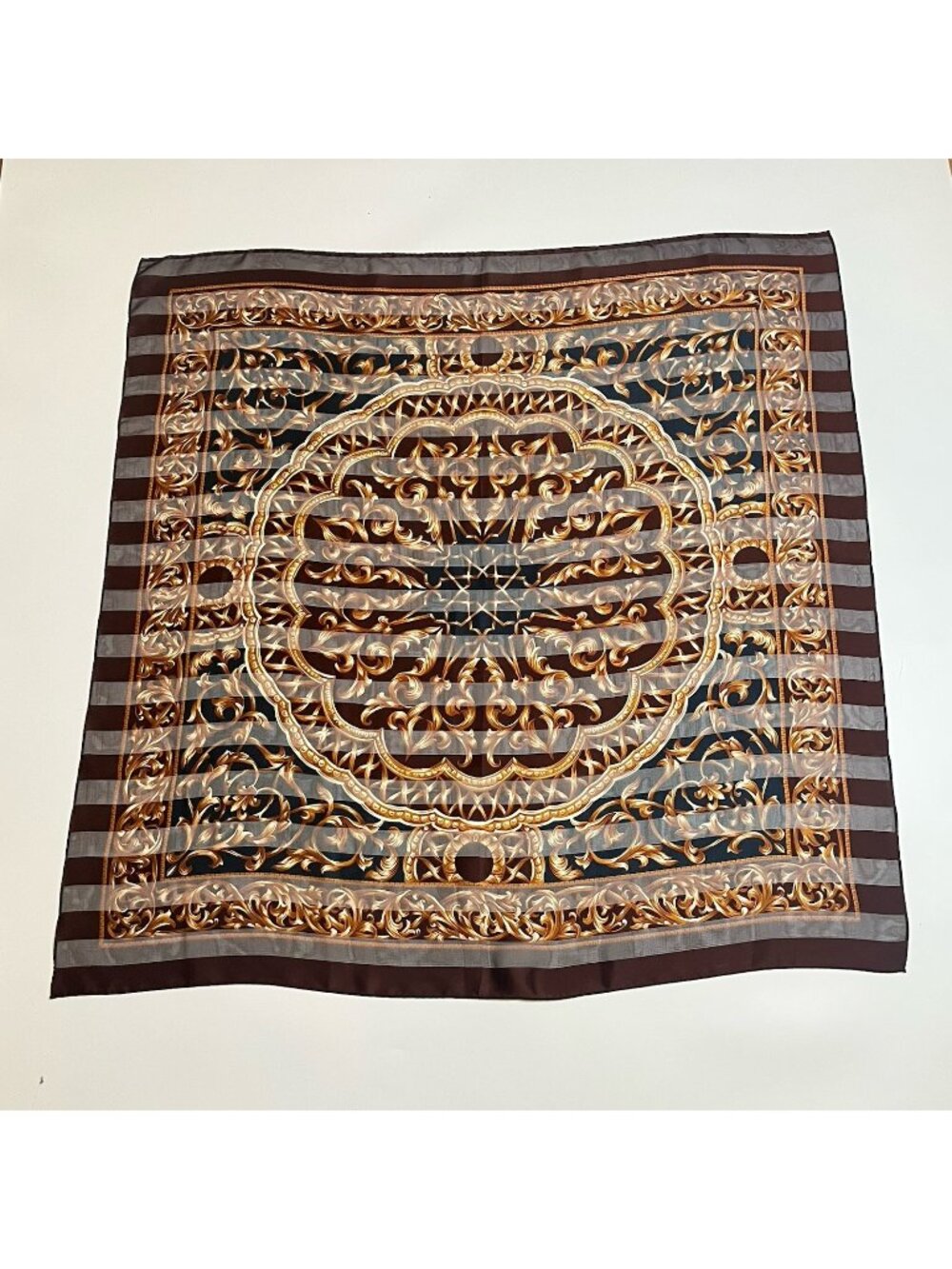 Vtg Brown Baroque Medallion Scarf 35" Square silk Fell Ornate Old Money Academia